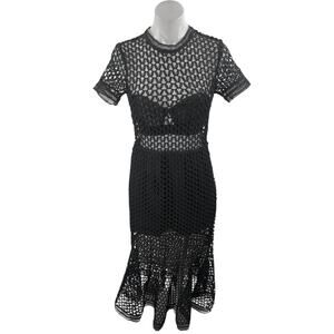 RoseLani Black Cutout Lace Overlay High Neck Short Sleeve Midi A-Line Dress Sz M